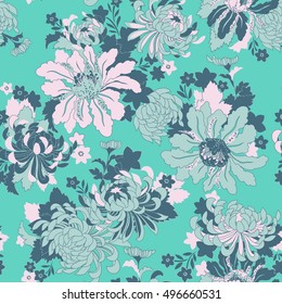 vector seamless graphical artistic chrysanthemum flowers pattern with leaves, oriental stylized floral background allover print, outlined