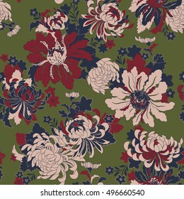 vector seamless graphical artistic chrysanthemum flowers pattern with leaves, oriental stylized floral background allover print, outlined