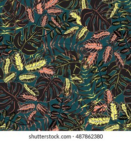 vector seamless graphical artistic colorful tropical leaves pattern, split leaf, philodendron, palm leafs, modern jungle nature background allover print