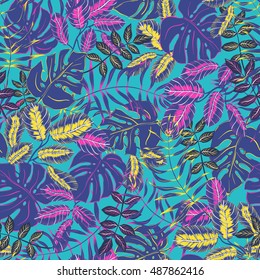 vector seamless graphical artistic colorful tropical leaves pattern, split leaf, philodendron, palm leafs, modern jungle nature background allover print