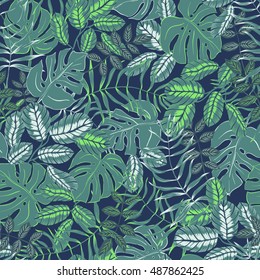 vector seamless graphical artistic colorful tropical leaves pattern, split leaf, philodendron, palm leafs, modern jungle nature background allover print