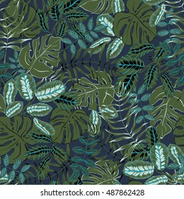 vector seamless graphical artistic colorful tropical leaves pattern, split leaf, philodendron, palm leafs, modern jungle nature background allover print