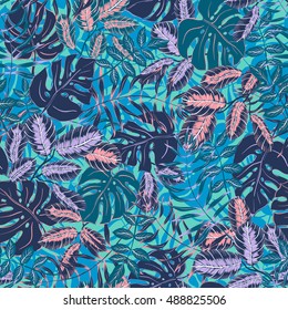 vector seamless graphical artistic colorful tropical leaves pattern, split leaf, philodendron, palm leafs, modern jungle nature background allover print