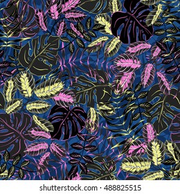 vector seamless graphical artistic colorful tropical leaves pattern, split leaf, philodendron, palm leafs, modern jungle nature background allover print