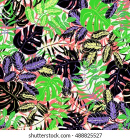 vector seamless graphical artistic colorful tropical leaves pattern, split leaf, philodendron, palm leafs, modern jungle nature background allover print