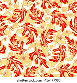 vector seamless graphical artistic fantasy pattern. Red leaf and flowers with light orange backdrop on white. Colorful, original, stylish background print with leaves