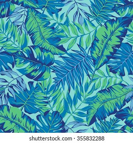 vector seamless graphical artistic hand drawn topical pattern, tropics, philodendron, palm leaf, banana leaf, fern frond, decorative, colorful, spring summer time, nature, original, fashionable