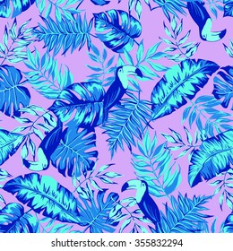 vector seamless graphical artistic hand drawn topical pattern, tropics, philodendron, palm leaf, banana leaf, fern frond, decorative, colorful, summer time, nature, original, fashionable, toucan