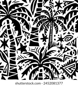 Vector seamless graphical artistic topical pattern, abstract palm tree, palm leaf, hawaiian stylein black and white colors, summer timefashionable background allover tropical print. hand drawn doodle