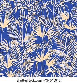 vector seamless graphical artistic topical foliage pattern, tropics, palm leaf, fern frond, cyperus, decorative colorful, summer time, original, fashionable background allover tropical print