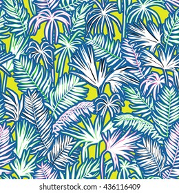 vector seamless graphical artistic topical foliage pattern, tropics, palm leaf, fern frond, cyperus, decorative colorful, summer time, original, fashionable background allover tropical print