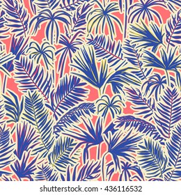 vector seamless graphical artistic topical foliage pattern, tropics, palm leaf, fern frond, cyperus, decorative colorful, summer time, original, fashionable background allover tropical print