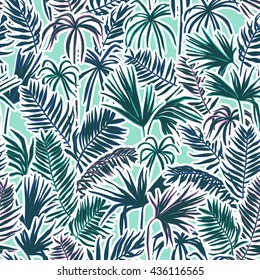 vector seamless graphical artistic topical foliage pattern, tropics, palm leaf, fern frond, cyperus, decorative colorful, summer time, original, fashionable background allover tropical print