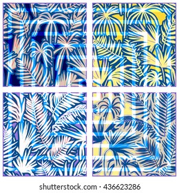 vector seamless graphical artistic topical foliage pattern, tropics, palm leaf, fern frond, cyperus, decorative colorful, summer time, original, fashionable background allover geometric checked print