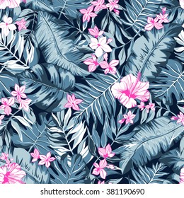 Vector Seamless Graphical Artistic Tropical Nature Pattern, Spring Summer Time, Rain Forest Flora, Colorful, Original, Stylish Background Print With Banana, Palm Leaf, Philodendron, Hibiscus Flower