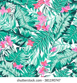 Vector Seamless Graphical Artistic Tropical Nature Pattern, Spring Summer Time, Rain Forest Flora, Colorful, Original, Stylish Background Print With Banana, Palm Leaf, Philodendron, Hibiscus Flower