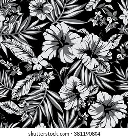 vector seamless graphical artistic tropical nature pattern, spring summer time, rain forest flora, colorful, original, stylish background print with banana, palm leaf, philodendron, hibiscus flower