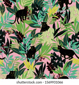 vector seamless graphical bold tropical pattern with vibrant contrasting colors. Black puma cat in foliage with orchid flowers on pale pink background. Green leaves. Vertical orientation