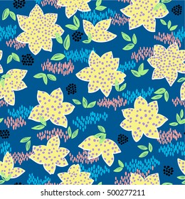 vector seamless graphical bright playful flower pattern with dots, dashes, leaves. modern naive background floral allover print
