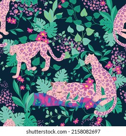 vector seamless graphical exotic tropical pattern with pink leopards, pink flowers, green leaves on dark blue background. Hawaiian design with foliage and wild cats.