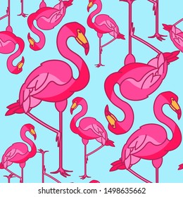 Vector seamless graphical flamingo bird pattern. Pink tropical birds.