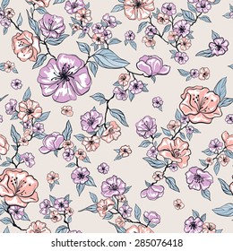 vector seamless graphical free hand drawing magnolia flower pattern with leaves. in bloom. summer time. gentle, romantic.