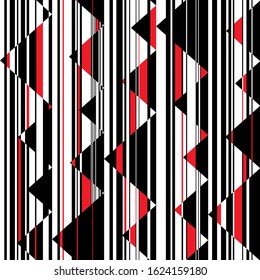 vector seamless graphical gemometric triangles pattern with vertical stripes. Black and white design with red accents. Modern active background with optical illusion.
