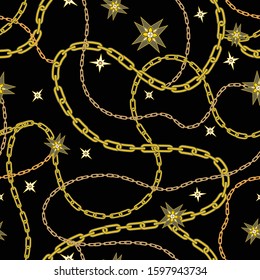 vector seamless graphical gold chain pattern on black background with stars and gemstones. Rich golden metallic chains.