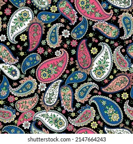 vector seamless graphical hand drawn outlined paisley pattern on black background. Multicolor multidirectional ethnic allover design with small ditsy flowers.