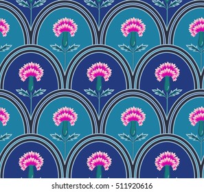 vector seamless graphical oval tiles in lines with fantasy flowers with leaves pattern, modern gentle background wallpaper print design, stylized carnation