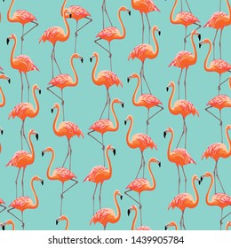 vector seamless graphical realistic flamingo bird pattern. Vertical orientation. Pink exotic birds.