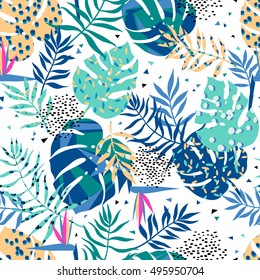 vector seamless graphical tropical leaves bright pattern with vibrant texture in pop art style, modern summer background allover print. split leaf, philodendron, monstera leaves 