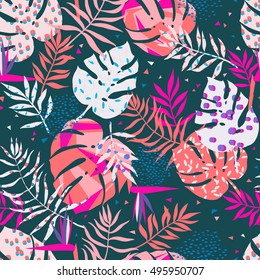 vector seamless graphical tropical leaves bright pattern with vibrant texture in pop art style, modern summer background allover print. split leaf, philodendron, monstera leaves 