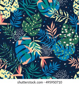 vector seamless graphical tropical leaves bright pattern with vibrant texture in pop art style, modern summer background allover print. split leaf, philodendron, monstera leaves 