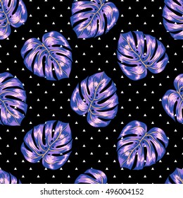 vector seamless graphical tropical leaves bright pattern with geometric triangles, modern summer background allover print. philodendron, monstera leaves 