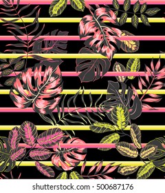 vector seamless graphical tropical leaves pattern with horizontal stripes. monstera leaf, philodendron, palm leaf. modern background floral print