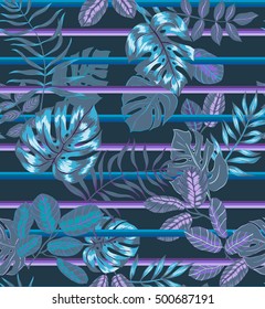 vector seamless graphical tropical leaves pattern with horizontal stripes. monstera leaf, philodendron, palm leaf. modern background floral print
