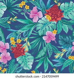 vector seamless graphical tropical pattern with leaves (monstera foliage, areca palm leaves), flowers (hibiscus, ginger, frangipani) on blue background. Multidirectional allover hawaiian design.