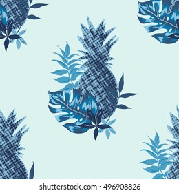 vector seamless graphical tropical pattern with pineapple, monstera leaf, philodendron. modern fashionable background print