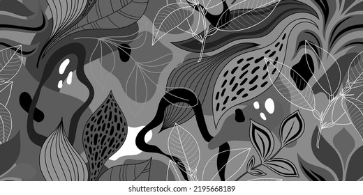 VECTOR SEAMLESS GRAY BACKGROUND WITH ABSTRACT SPOTS AND TWIGS