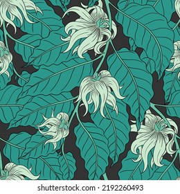 VECTOR SEAMLESS GRAY PATTERN WITH WHITE YLANG-YLANG FLOWERS ON TURQUOISE BRANCHES