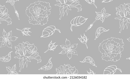 Vector seamless gray and white floral pattern. Outline drawings Doodle flowers, stylization, for design fabric, paper, dishes.
