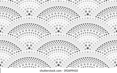 Vector seamless grayscale geometrical background with fish scale layout fan shaped ornate elements, with flower patterns