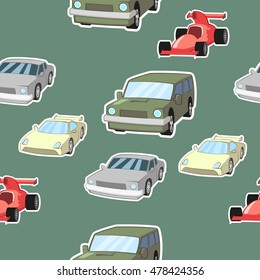 Vector seamless green background. Cars. Color illustration