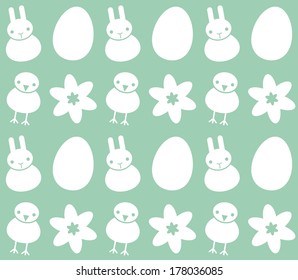 Vector seamless green background with Easter symbols - rabbit, chicken, egg and flower