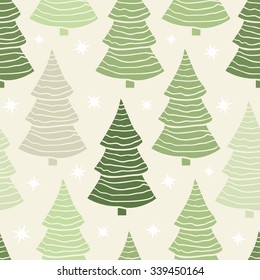 Vector seamless  with green Christmas tree pattern or New Year tree on a light background .Winter holidays