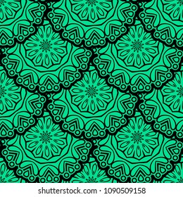 Vector Seamless Green Floral Mandala Pattern