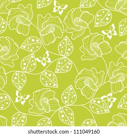 vector seamless green floral pattern with butterflies