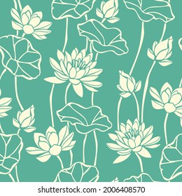 Vector seamless green floral pattern with lotus flowers. 库存矢量图