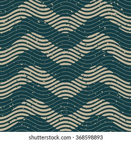 Vector Seamless Green Grey Color Hand Drawn Wavy Lines Retro Pattern Abstract Background